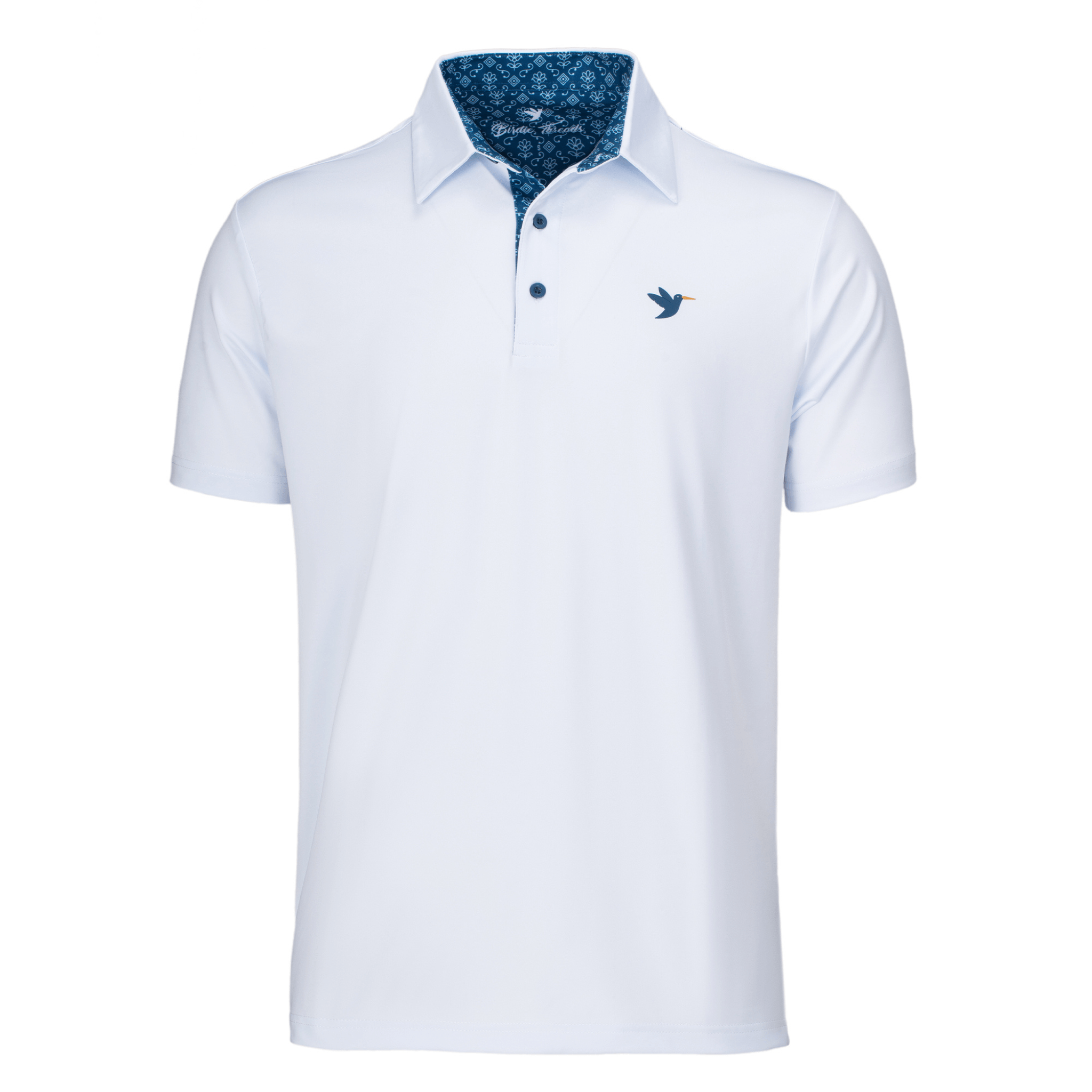 White polo shirt with blue collar and logo on a white background