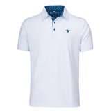 White polo shirt with blue collar and logo on a white background