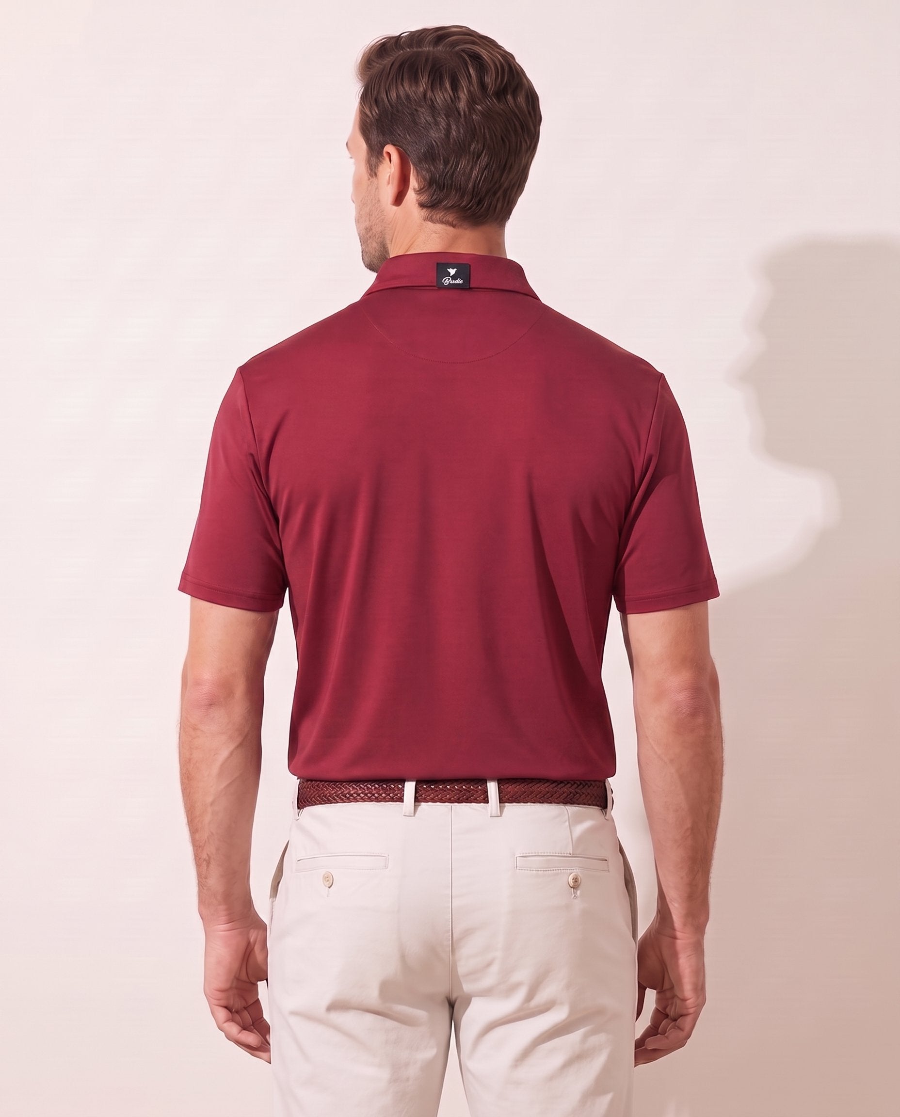 Island Inferno polo on model — back view