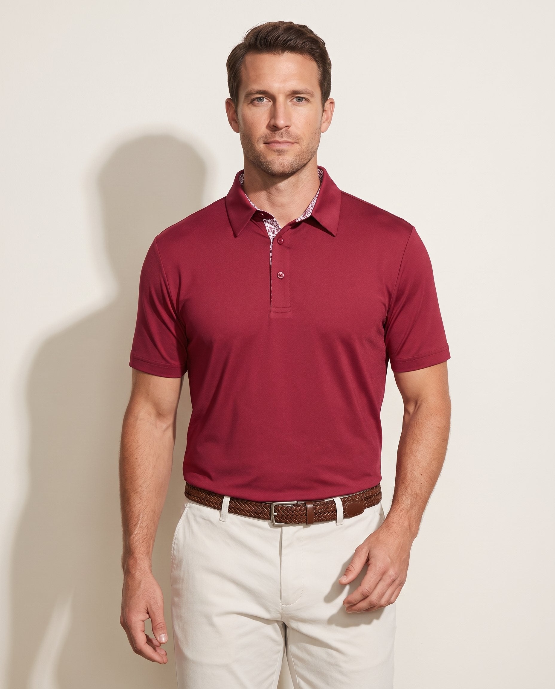 Island Inferno polo on model — front view