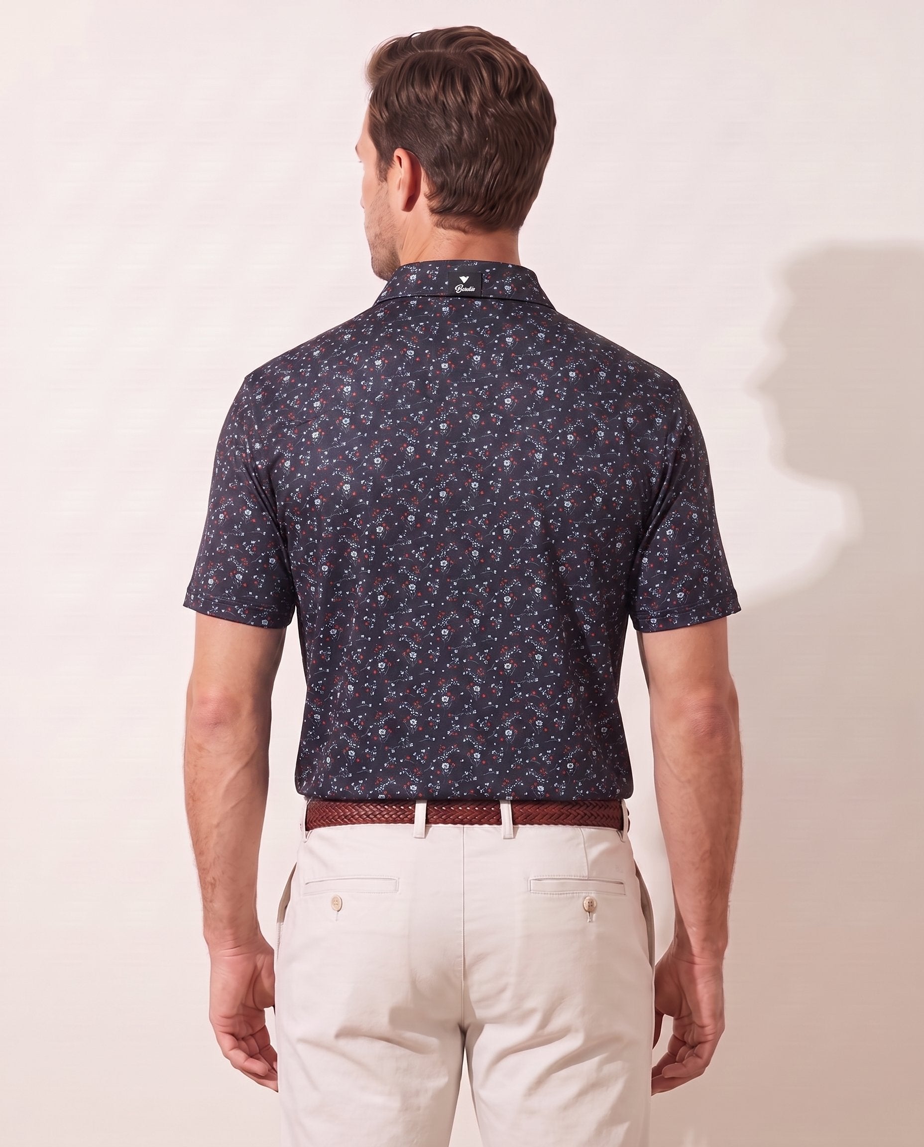 Revolution Rose polo on model — back view