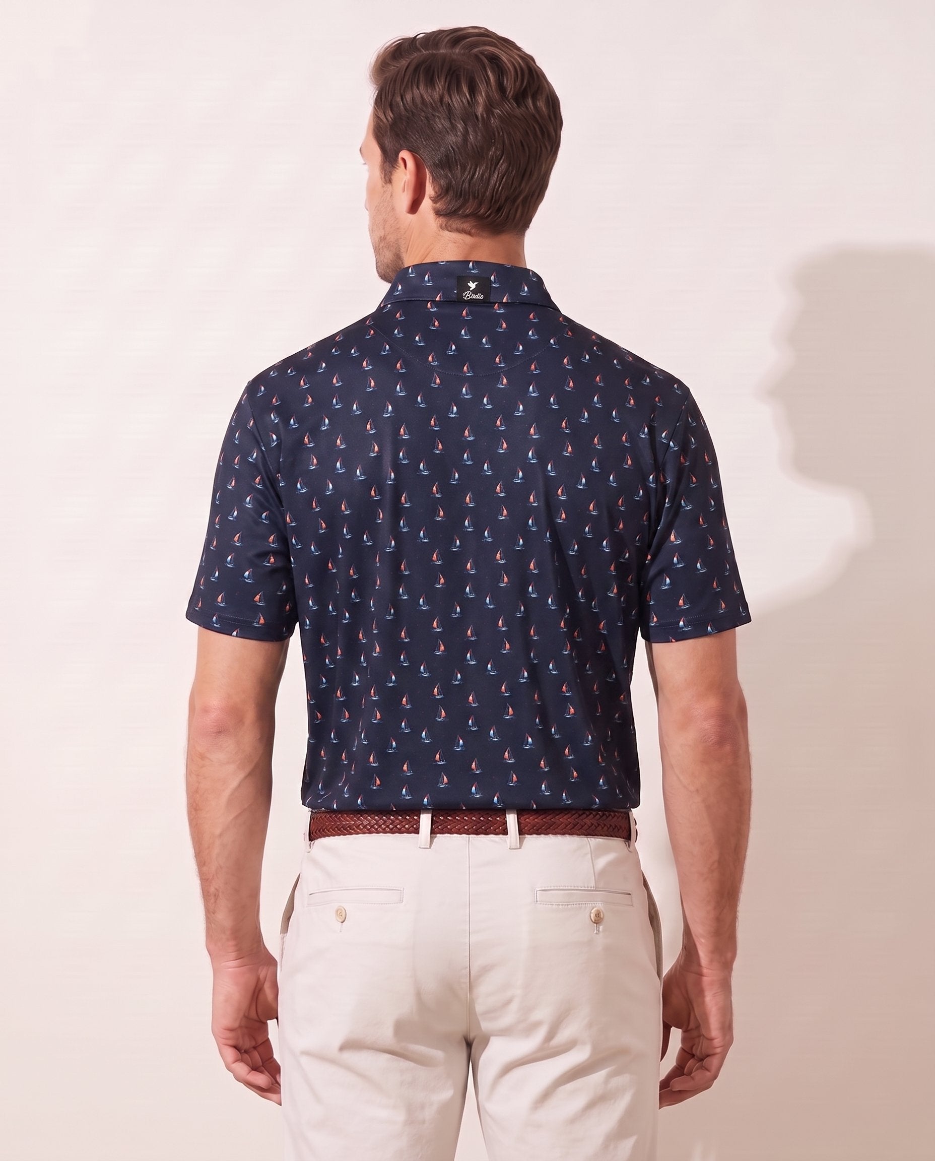 Smooth Sailing polo on model — back view