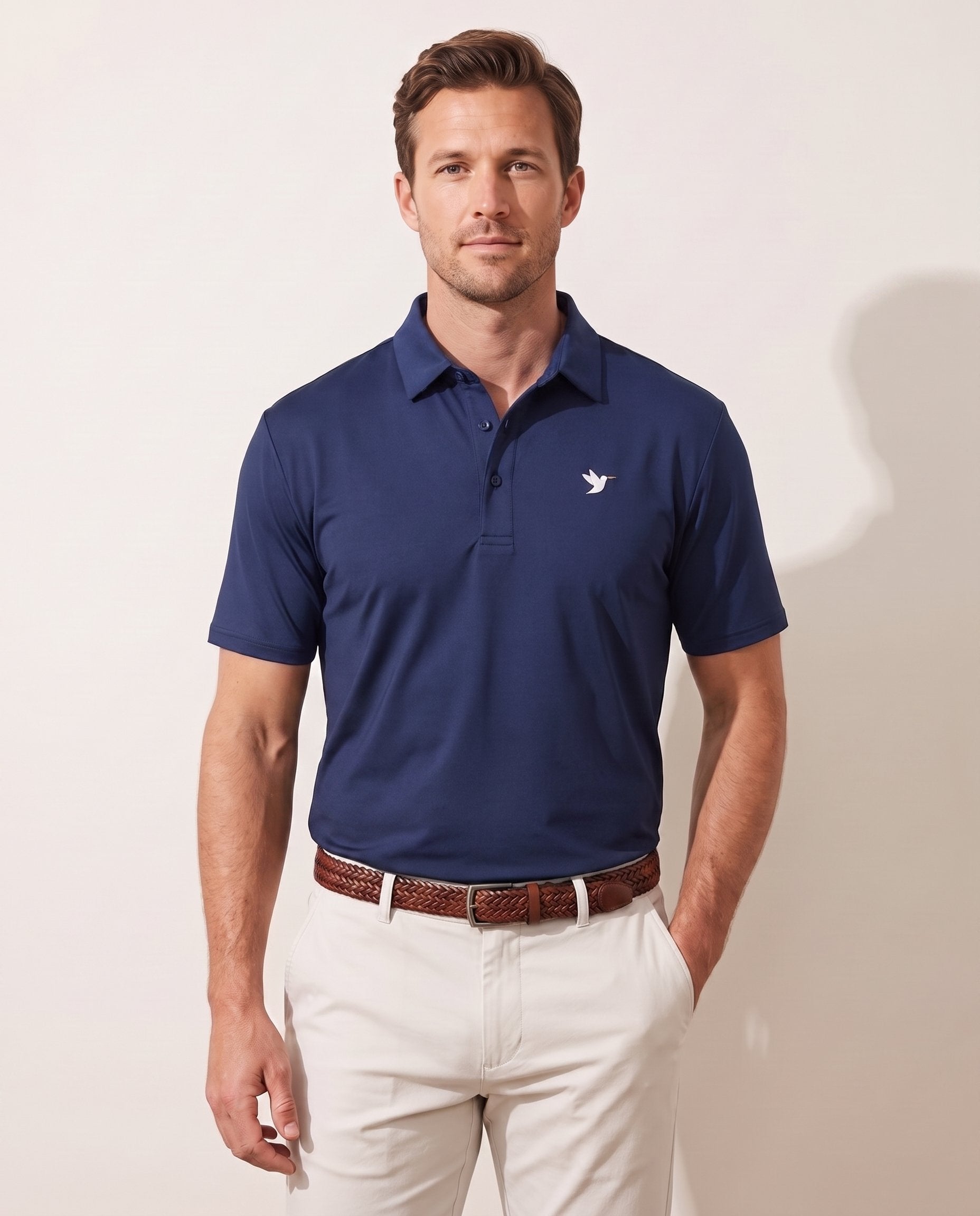 The Punalu'u Polo Navy on model — front view