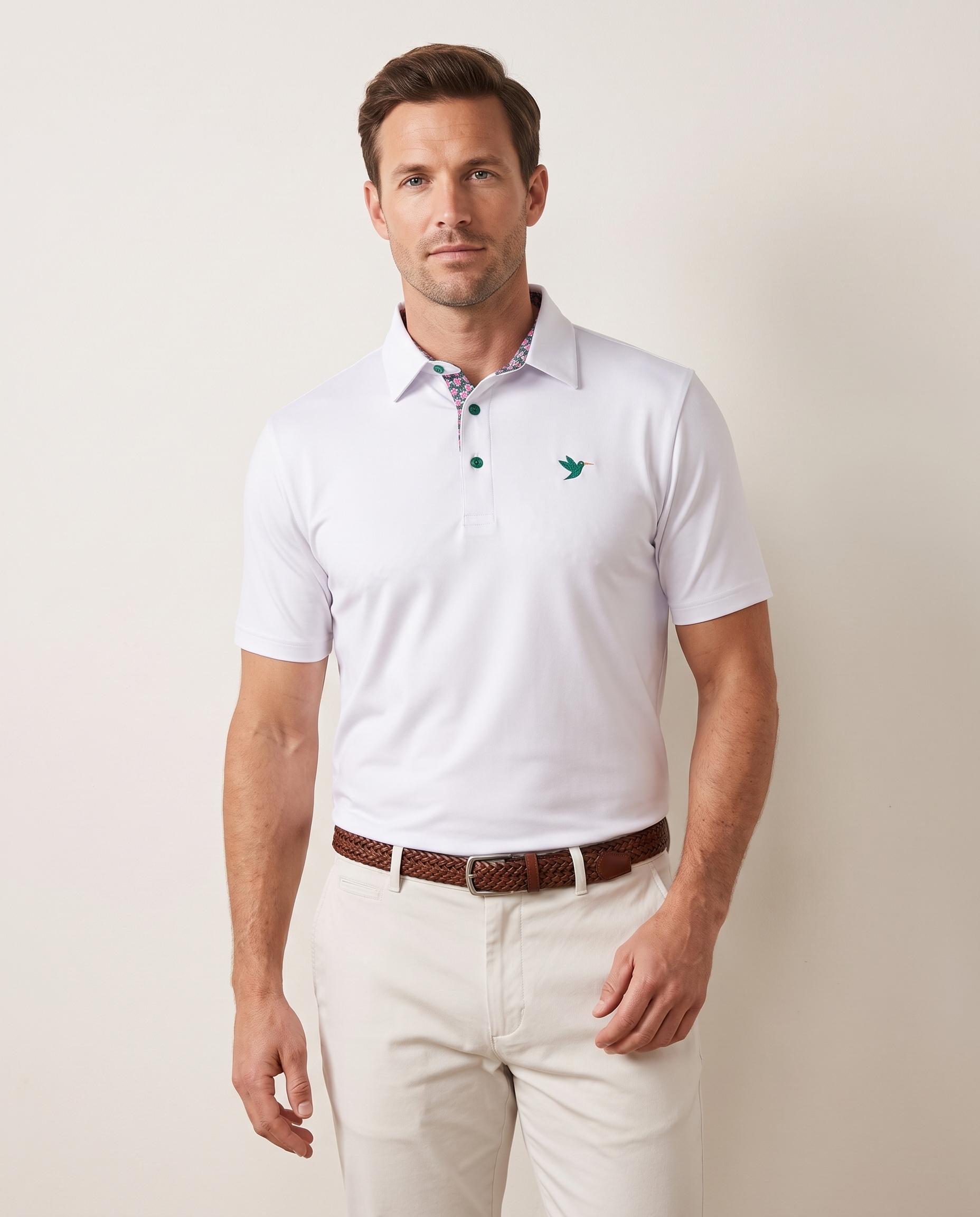 White Azalea polo on model — front view