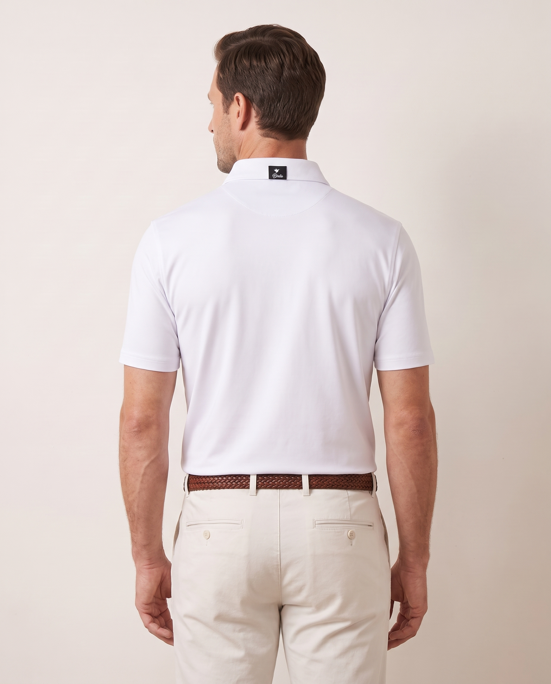 White Azalea polo on model — back view