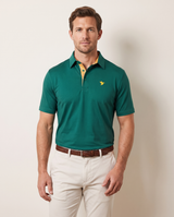 Green Azalea polo on model — front view