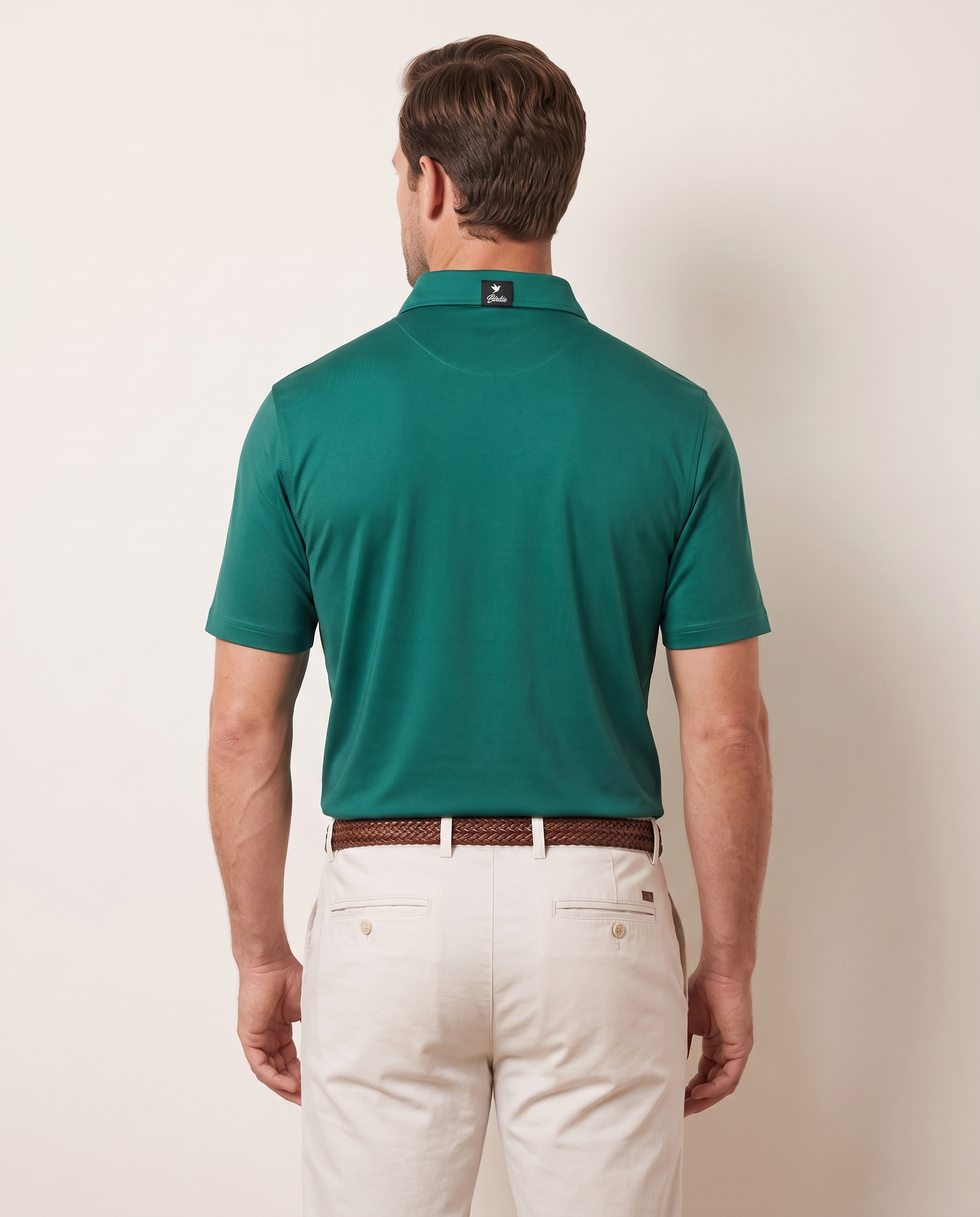 Green Azalea polo on model — back view