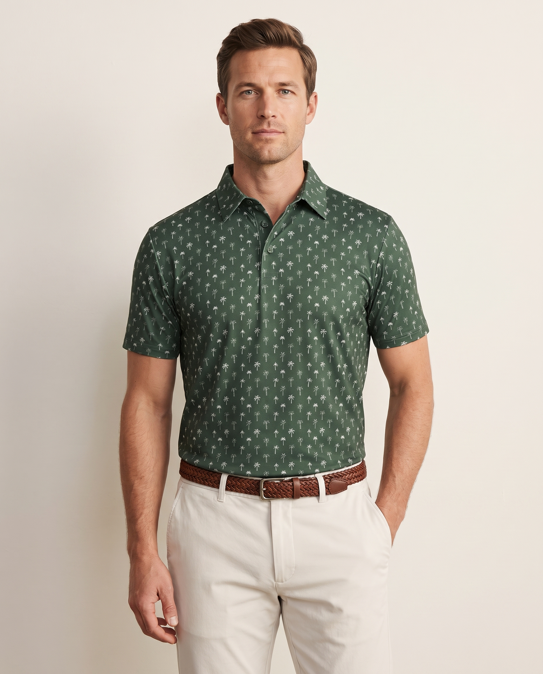 The Palms polo on model — front view