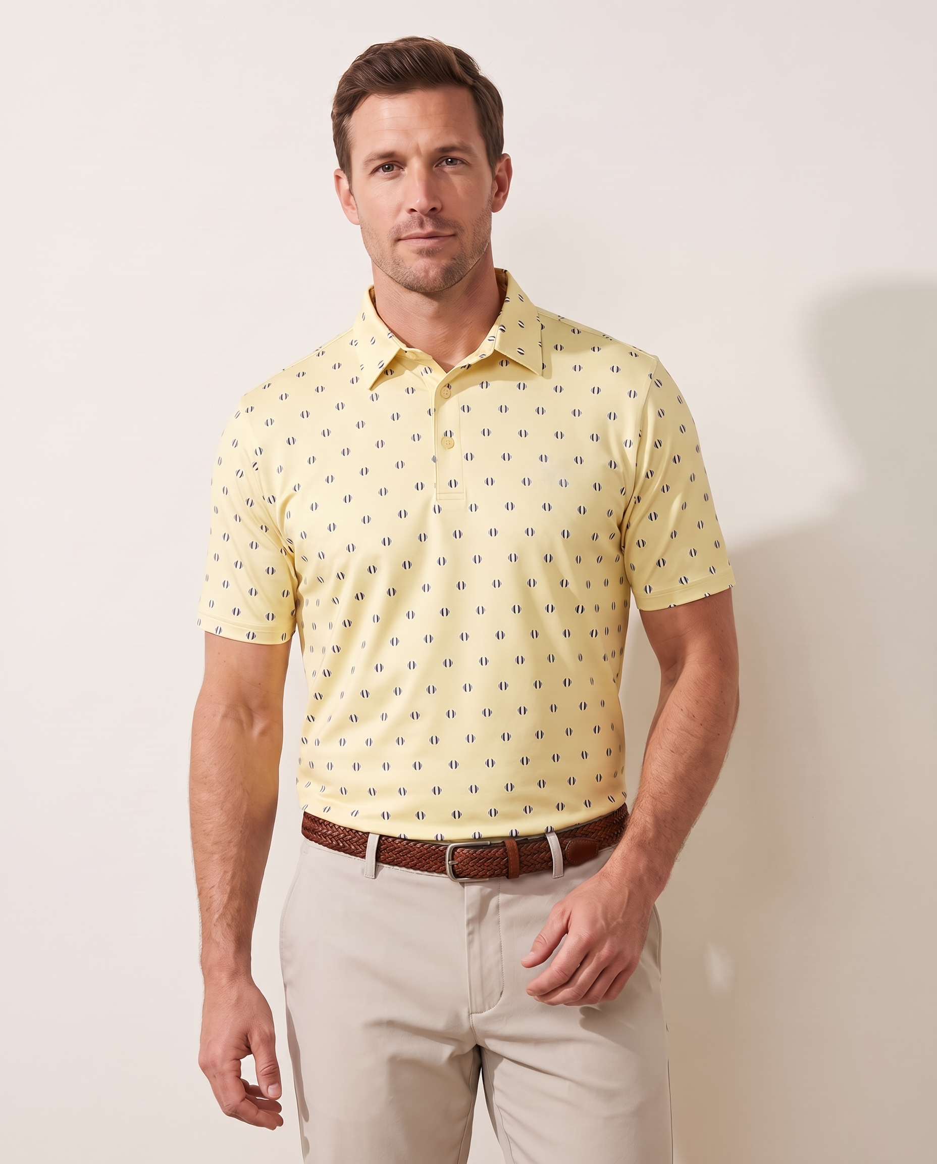 Sunny Spot polo on model — front view