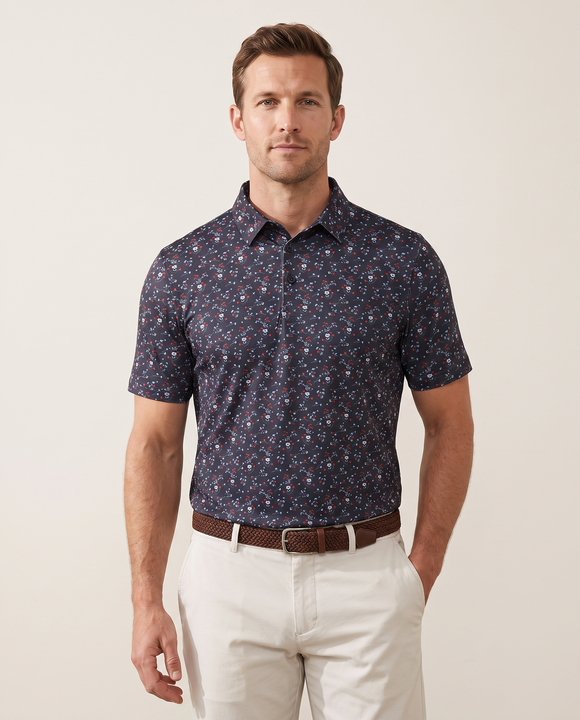 Revolution Rose polo on model — front view