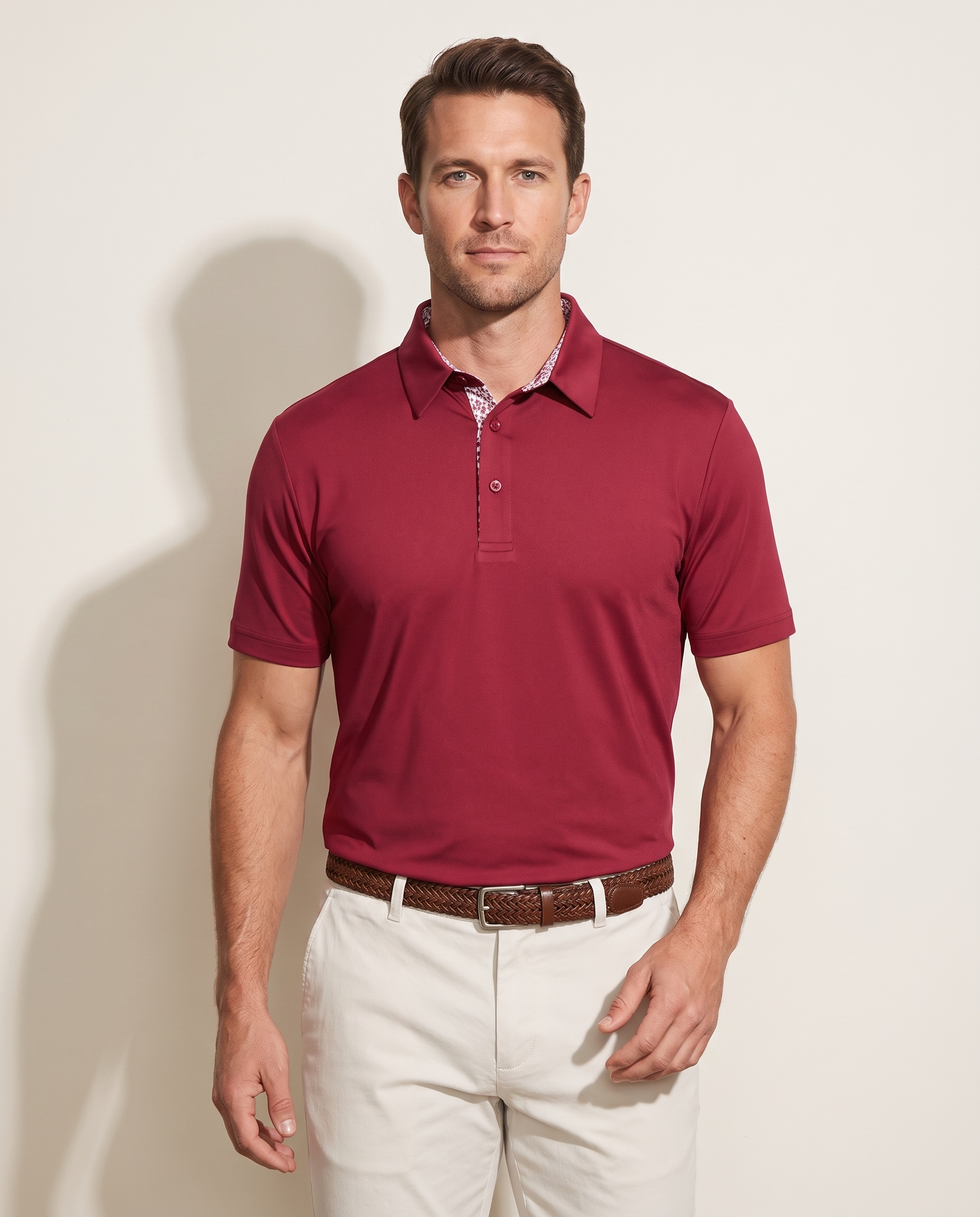 Island Inferno polo on model — front view