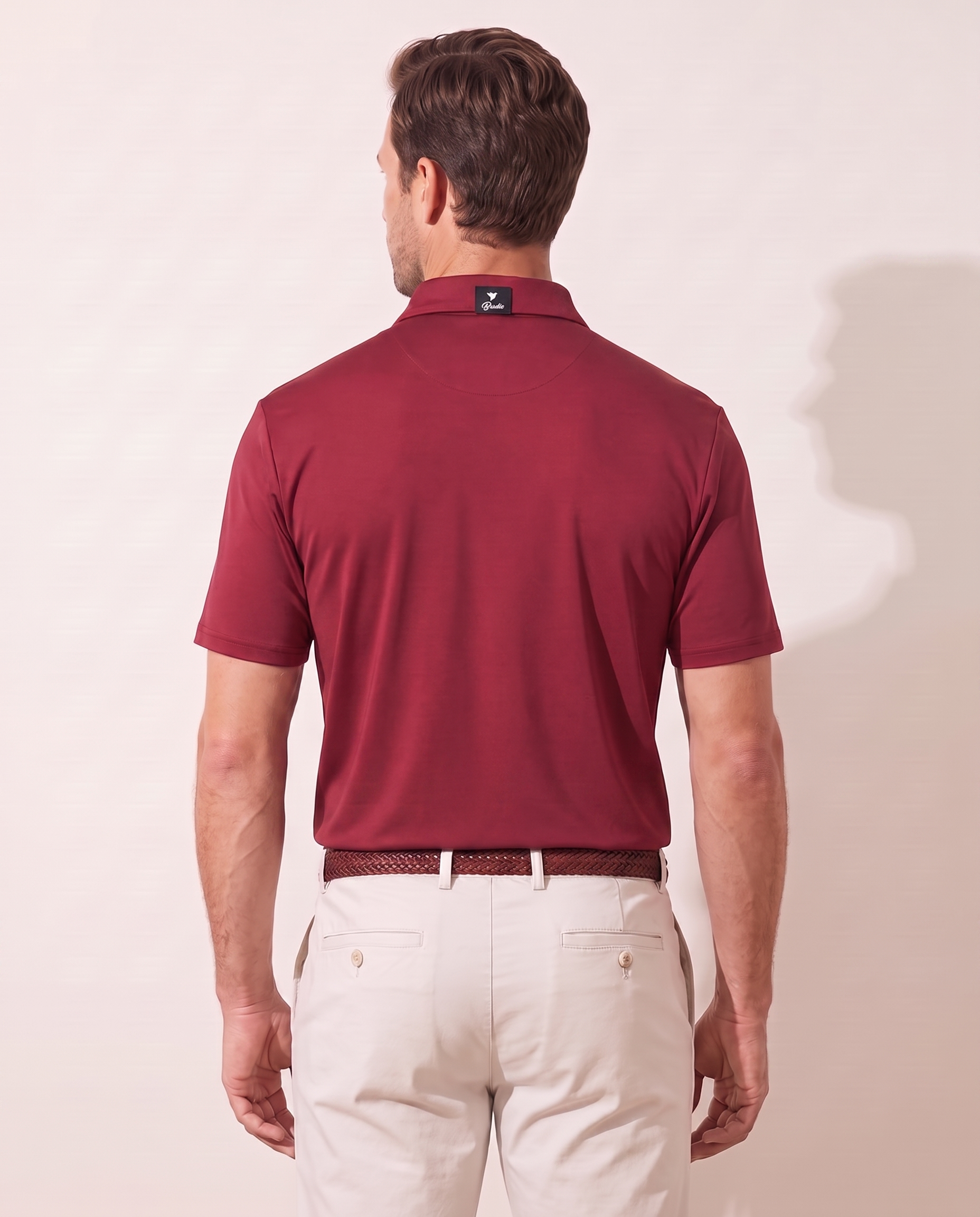Island Inferno polo on model — back view