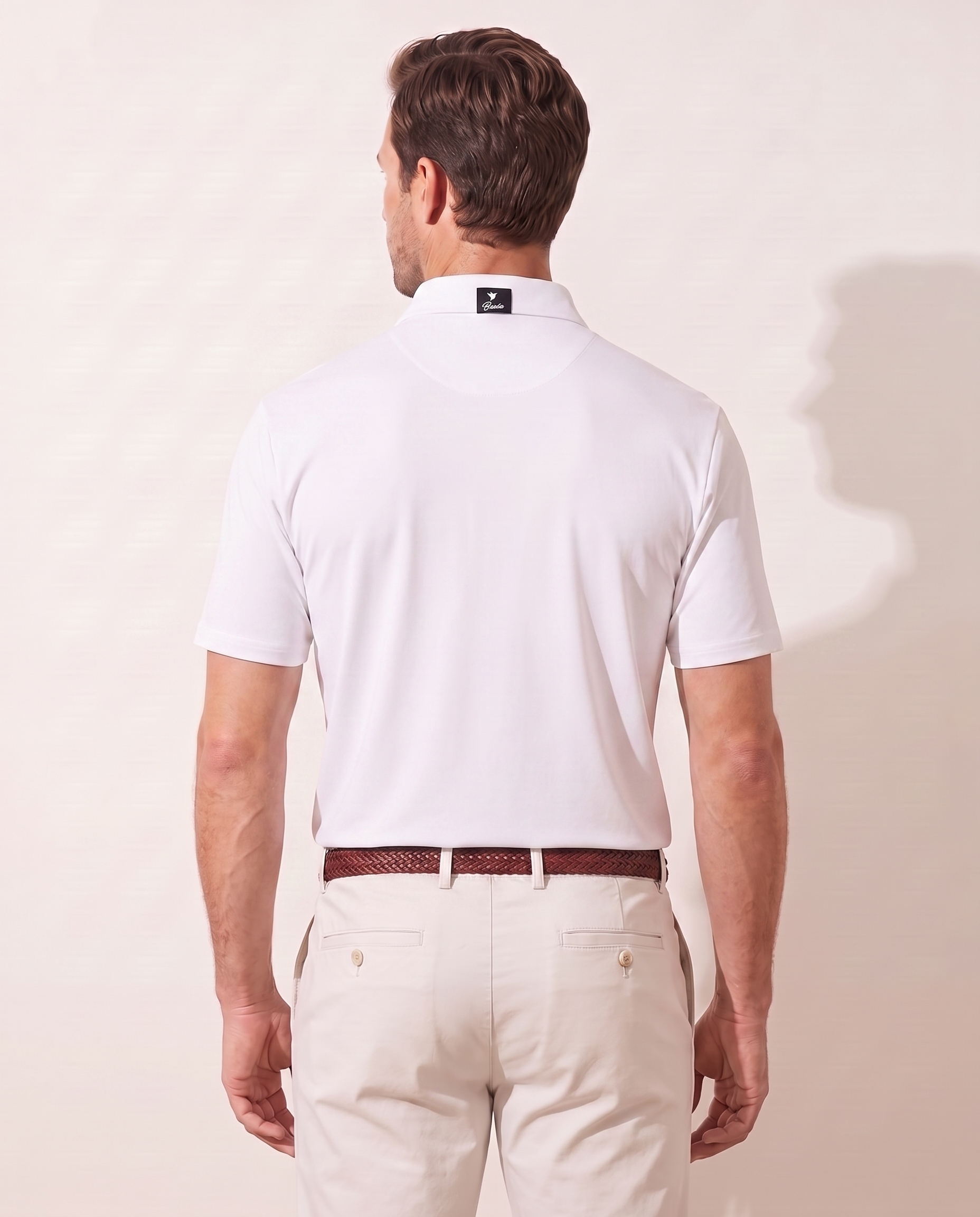 The Newport polo on model — back view