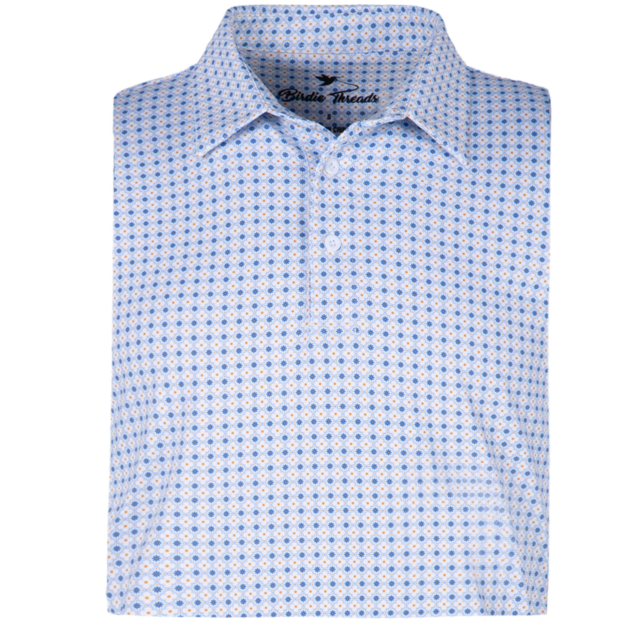 The Azulejo polo shirt from Birdie Threads is crafted with attention to detail, featuring a classic polo collar and a button-down front for a timeless look. The intricate azulejo tile pattern is printed all over the shirt, creating a bold and statement-making design. 