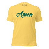 Yellow Amen Corner T-shirt with Green Lettering