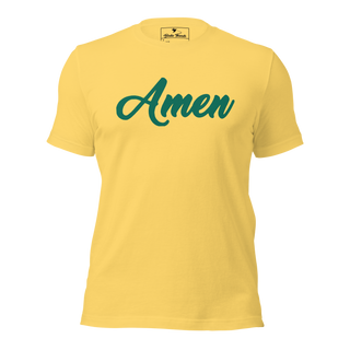 Yellow Amen Corner T-shirt with Green Lettering
